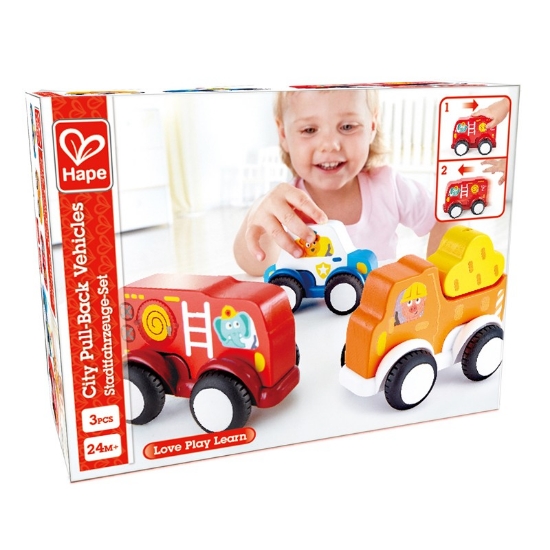 Imagine Hape Set 3 mașinuțe cu motor pull-back
