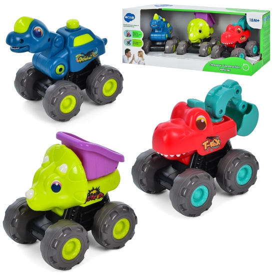 Imagine Set vehicule dinozauri cu sistem pull-back – 3 mașinuțe haioase cu design de construcții