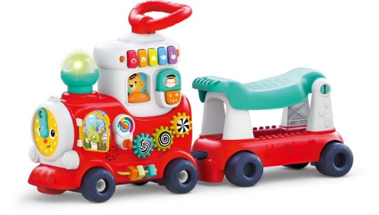Imagine Trenuleț 4 în 1 multifuncțional roșu – premergător, jucărie interactivă și vagon de depozitare