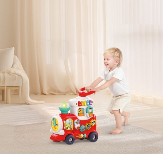 Imagine Trenuleț 4 în 1 multifuncțional roșu – premergător, jucărie interactivă și vagon de depozitare