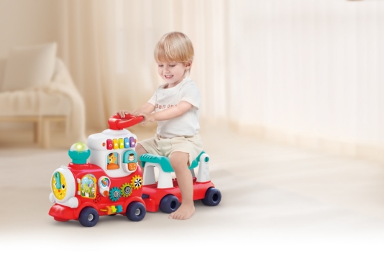 Imagine Trenuleț 4 în 1 multifuncțional roșu – premergător, jucărie interactivă și vagon de depozitare