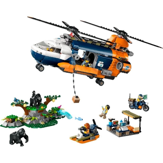 Imagine Lego City Elicopterul unui explorator al junglei la tabăra de bază 60437