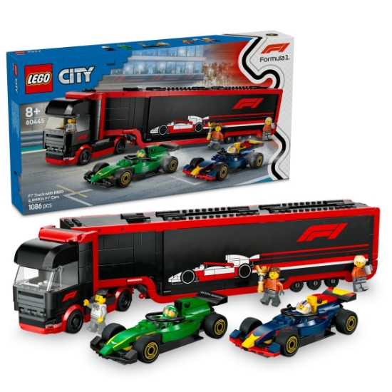 Imagine Lego City Camion F1 cu mașinile F1 RB20 și AMR24 60445