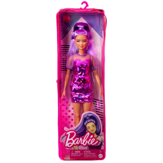 Imagine PAPUSA BARBIE FASHIONISTA CU PAR MOV CU ROCHIE CU UMERI BUFANTI