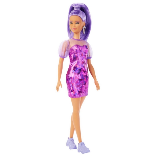 Imagine PAPUSA BARBIE FASHIONISTA CU PAR MOV CU ROCHIE CU UMERI BUFANTI