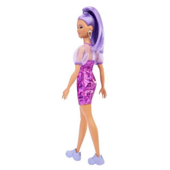 Imagine PAPUSA BARBIE FASHIONISTA CU PAR MOV CU ROCHIE CU UMERI BUFANTI