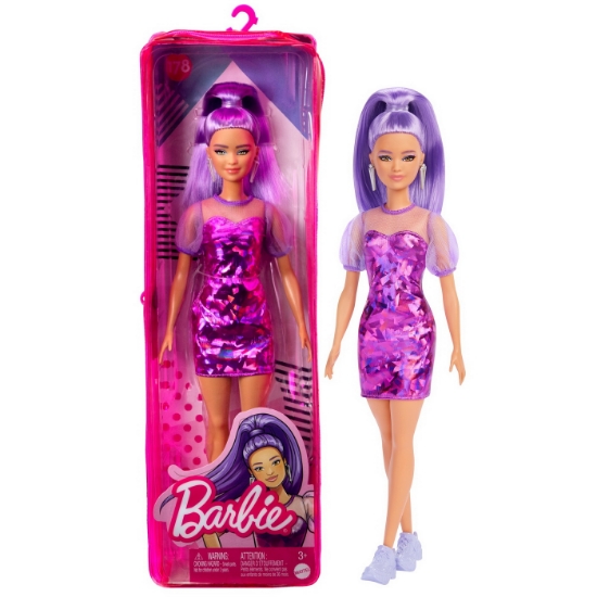 Imagine PAPUSA BARBIE FASHIONISTA CU PAR MOV CU ROCHIE CU UMERI BUFANTI