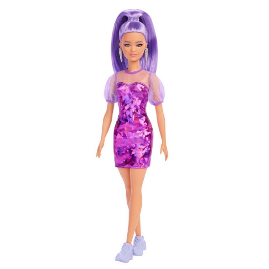 Imagine PAPUSA BARBIE FASHIONISTA CU PAR MOV CU ROCHIE CU UMERI BUFANTI
