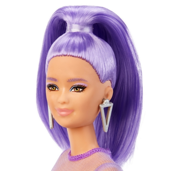 Imagine PAPUSA BARBIE FASHIONISTA CU PAR MOV CU ROCHIE CU UMERI BUFANTI