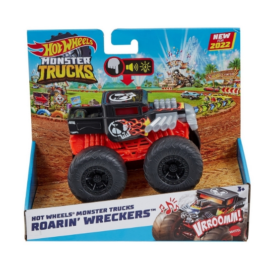 Imagine HOT WHEELS MONSTER TRUCK ROARIN WRECKERS BONE SHAKER CU FUNCTII SI SUNETE SCARA  1:43