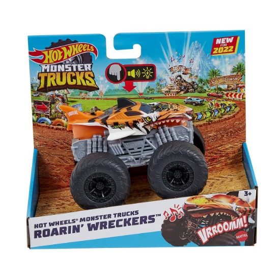 Imagine HOT WHEELS MONSTER TRUCK ROARIN WRECKERS TIGER SHARK CU FUNCTII SI SUNETE SCARA  1:43