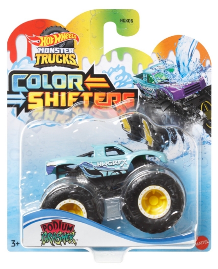 Imagine HOT WHEELS MONSTER TRUCK CAMION PODIUM CRASHER CU CULORI SCHIMBATOARE SCARA 1:64