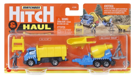 Imagine MATCHBOX HITCH&HAUL SET 2 VEHICULE MBX CONSTRUCTION ZONE TILT N TIP MBX CEMENT TRAILER SCARA 1:64