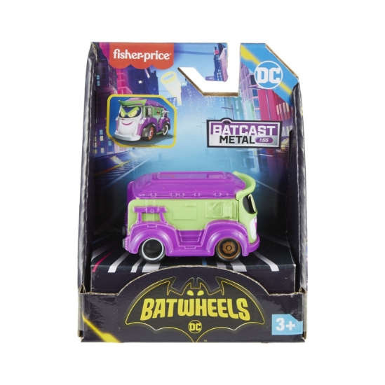 Imagine FISHER PRICE BATWHEELS MASINUTA METALICA PRANK VANUL LUI JOKER 1:55