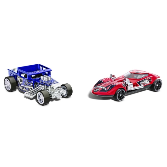 Imagine Hot Wheels set 2 mașinuțe metalice pull back Bone Shaker și Twin Mill, scară 1:43