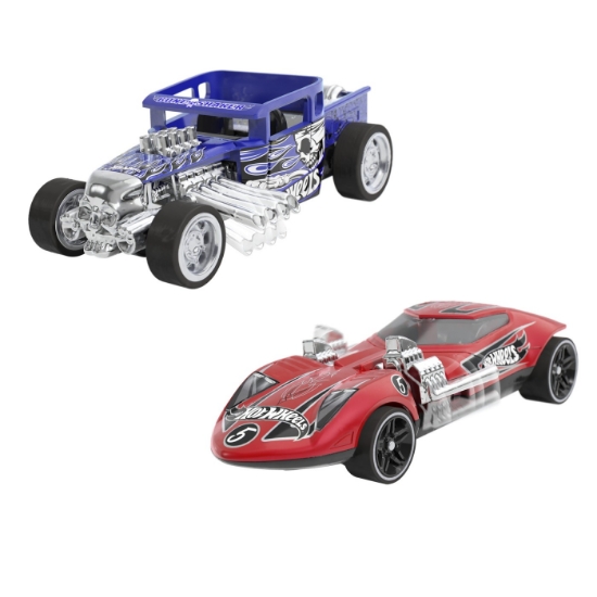 Imagine Hot Wheels set 2 mașinuțe metalice pull back Bone Shaker și Twin Mill, scară 1:43
