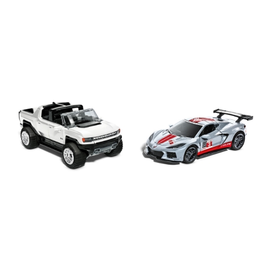 Imagine Hot Wheels set 2 mașinuțe metalice pull back GMC Hummer EV și Corvette C8.R, scară 1:43