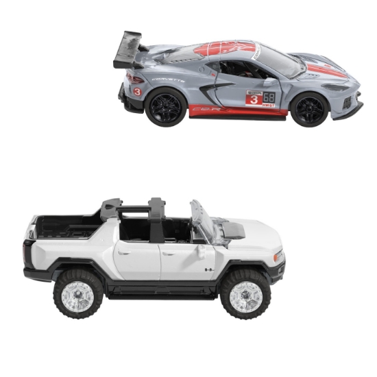 Imagine Hot Wheels set 2 mașinuțe metalice pull back GMC Hummer EV și Corvette C8.R, scară 1:43