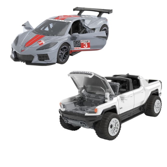 Imagine Hot Wheels set 2 mașinuțe metalice pull back GMC Hummer EV și Corvette C8.R, scară 1:43