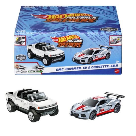 Imagine Hot Wheels set 2 mașinuțe metalice pull back GMC Hummer EV și Corvette C8.R, scară 1:43