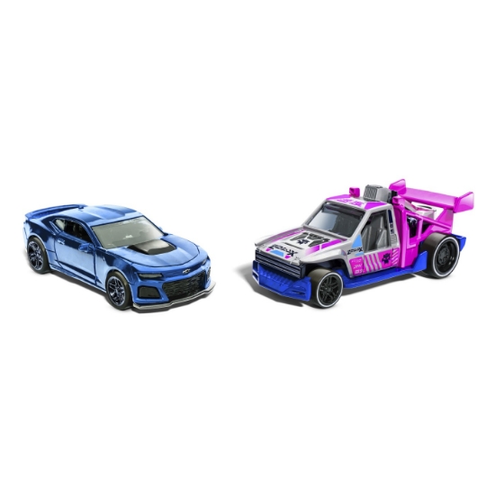 Imagine Hot Wheels set 2 mașinuțe metalice pull back Camaro ZL1 2022 și Lolux, scară 1:43
