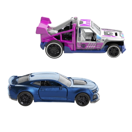 Imagine Hot Wheels set 2 mașinuțe metalice pull back Camaro ZL1 2022 și Lolux, scară 1:43