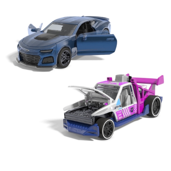 Imagine Hot Wheels set 2 mașinuțe metalice pull back Camaro ZL1 2022 și Lolux, scară 1:43