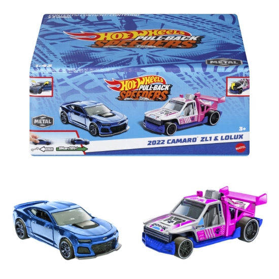 Imagine Hot Wheels set 2 mașinuțe metalice pull back Camaro ZL1 2022 și Lolux, scară 1:43