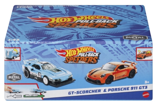 Imagine HOT WHEELS SET 2 MASINUTE METALICE PULL BACK GT-SCORCHER SI PORSCHE 911 GT3 1:43
