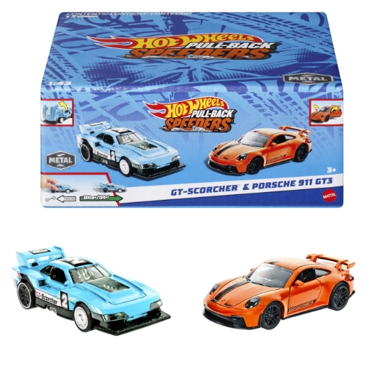 Imagine  Hot Wheels set 2 mașinuțe metalice Pull Back GT-Scorcher și Porsche 911 GT3 1:43