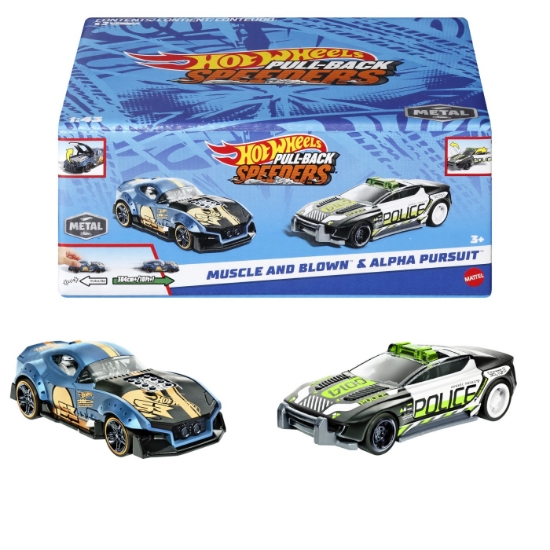 Imagine  Hot Wheels set 2 mașinuțe metalice Pull Back Muscle and Blown și Alpha Pursuit 1:43