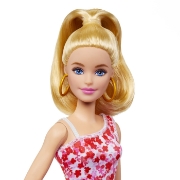 Imagine BARBIE PAPUSA BARBIE FASHIONISTA BLONDA CU PARUL PRINS IN COADA SI ROCHIE CU FLORICELE
