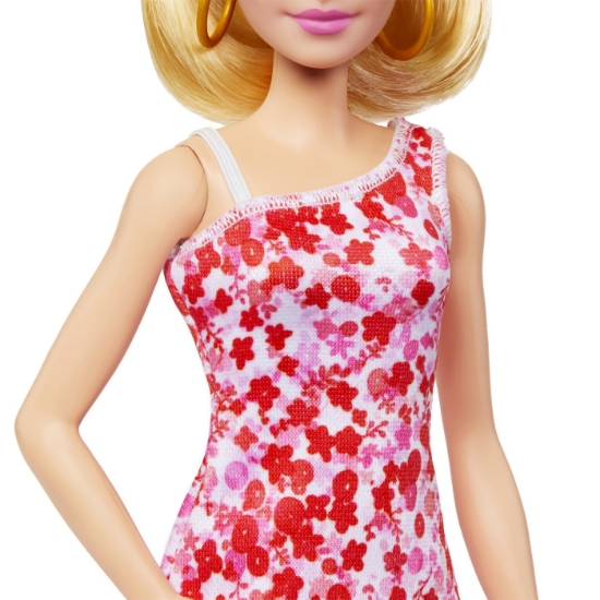 Imagine BARBIE PAPUSA BARBIE FASHIONISTA BLONDA CU PARUL PRINS IN COADA SI ROCHIE CU FLORICELE