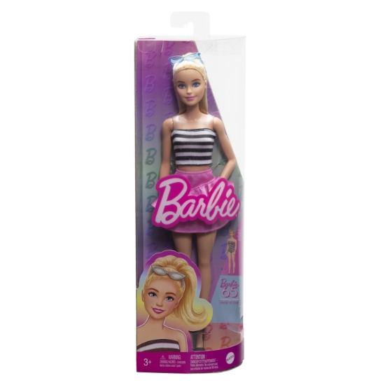 Imagine BARBIE PAPUSA BARBIE FASHIONISTA BLONDA CU PARUL PRINS IN COADA SI FUSTA ROZ