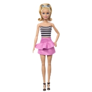 Imagine BARBIE PAPUSA BARBIE FASHIONISTA BLONDA CU PARUL PRINS IN COADA SI FUSTA ROZ