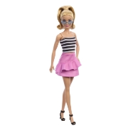 Imagine BARBIE PAPUSA BARBIE FASHIONISTA BLONDA CU PARUL PRINS IN COADA SI FUSTA ROZ