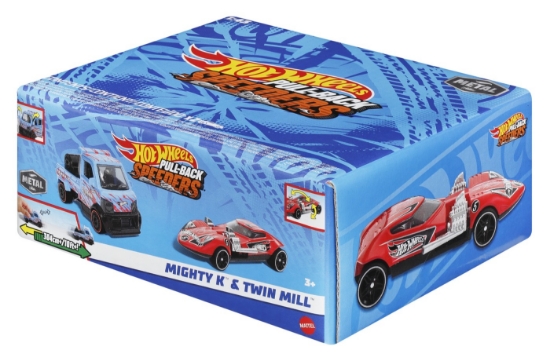 Imagine Hot Wheels set 2 mașinuțe metalice Pull Back Mighty K și Twin Mill 1:43