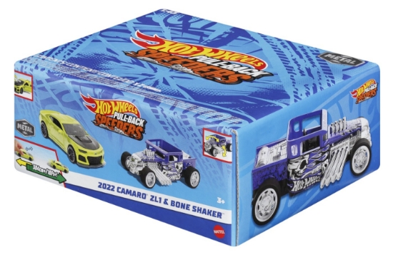 Imagine Hot Wheels set 2 mașinuțe metalice pull back 2022 Camaro ZL1 și Bone Shaker, scară 1:43