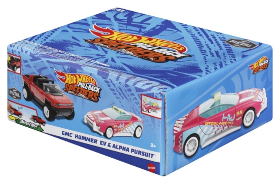 Imagine Hot Wheels set 2 mașinuțe metalice pull back GMC Hummer EV și Alpha Pursuit, scară 1:43