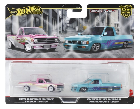 Imagine HOT WHEELS PREMIUM SET 2 MASINUTE METALICE DATSUN SUNNY TRUCK SI NISSAN HARDBODY SCARA 1:64