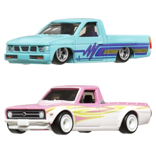 Imagine Hot Wheels Premium Set 2 mașinuțe metalice Datsun Sunny Truck și Nissan Hardbody scară 1:64