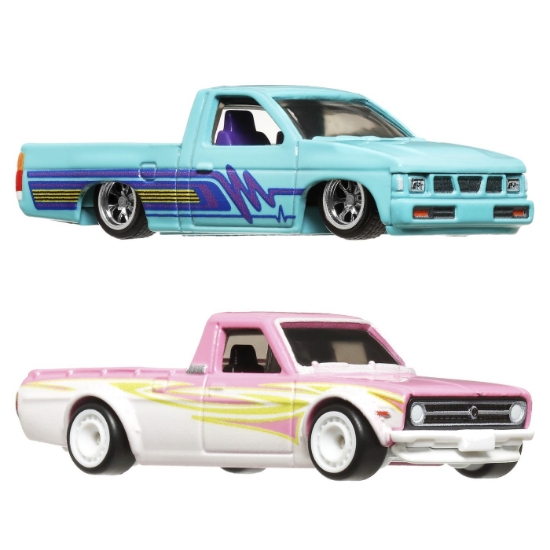 Imagine Hot Wheels Premium Set 2 mașinuțe metalice Datsun Sunny Truck și Nissan Hardbody scară 1:64