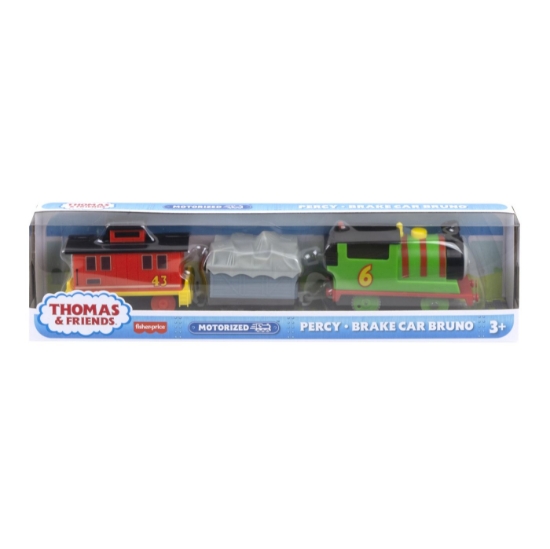 Imagine THOMAS LOCOMOTIVA MOTORIZATA PERCY BRAKE CAR BRUNO CU 2 VAGOANE