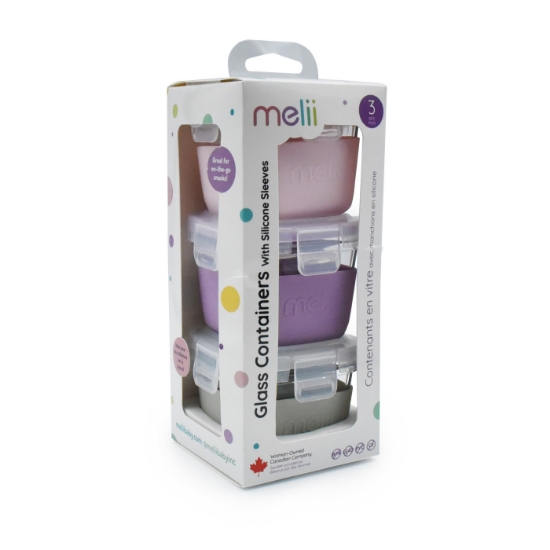 Imagine SET 3 RECIPIENTE STICLA 3 160ML CU HUSA ANTIDERAPANTA SILICON MELII ROZ MOV GRI