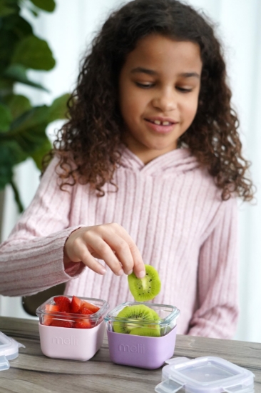 Imagine Set 3 recipiente sticlă 160ml cu husă antiderapantă silicon Melii – Roz, Mov & Gri