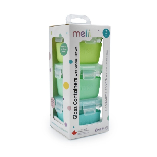 Imagine Set 3 recipiente sticlă 160ml cu husă antiderapantă silicon Melii – Blue, Mint & Lime