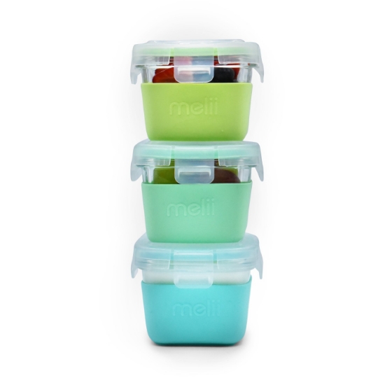 Imagine Set 3 recipiente sticlă 160ml cu husă antiderapantă silicon Melii – Blue, Mint & Lime