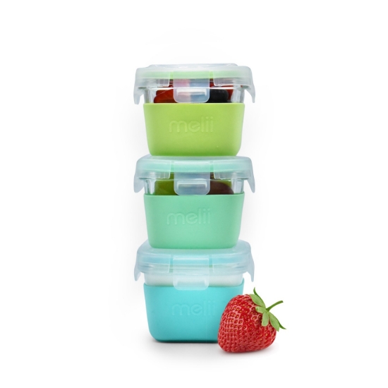 Imagine Set 3 recipiente sticlă 160ml cu husă antiderapantă silicon Melii – Blue, Mint & Lime