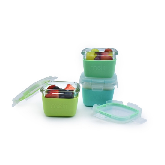 Imagine Set 3 recipiente sticlă 160ml cu husă antiderapantă silicon Melii – Blue, Mint & Lime