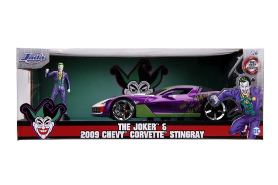 Imagine MASINUTE METALICA CHEVY CORVETTE STINGRAY 2009 SI FIGURINA JOKER SCARA 1:24